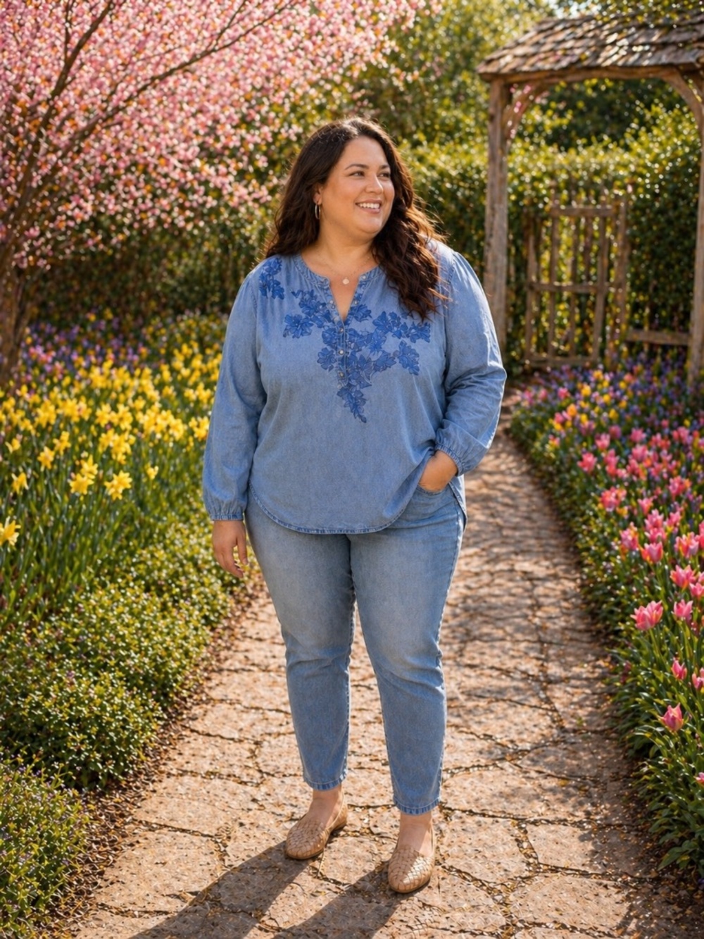 Chico’s Embroidered Lyocell Denim Top Size 3 (XL 16-18) Boho Floral Blouse